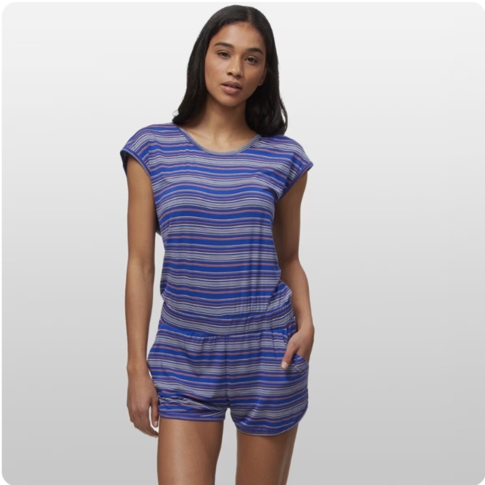 Kavu Rusanti Blue Ocean Striped Short Sleeve Back Cut Out Romper Medium NEW!